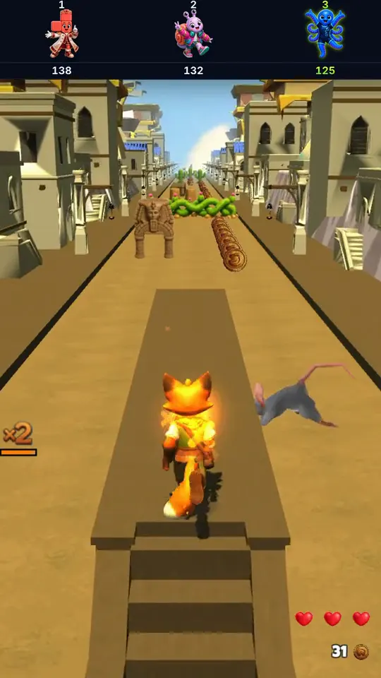 Tela de partida do Foxy Run com a pista, o placar ao vivo e as vidas